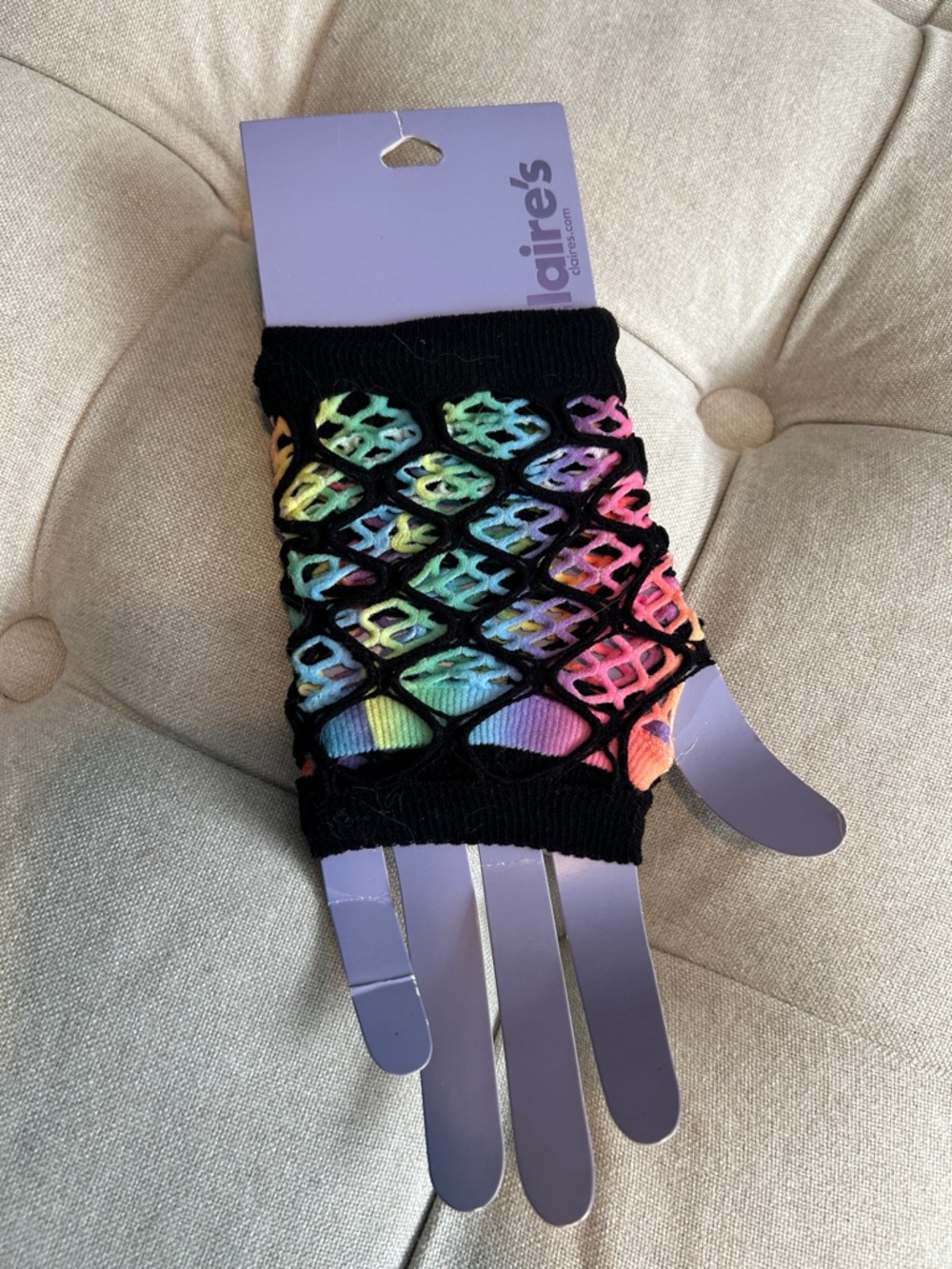 Claire's Rainbow Tie-Dye Fishnet Arm Warmers with Black Overlay 2 pairs